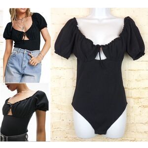 Topshop Bodysuit Womens 8-10 M Black Waffle Knit Puff Sleeve Cut Out Tie Front